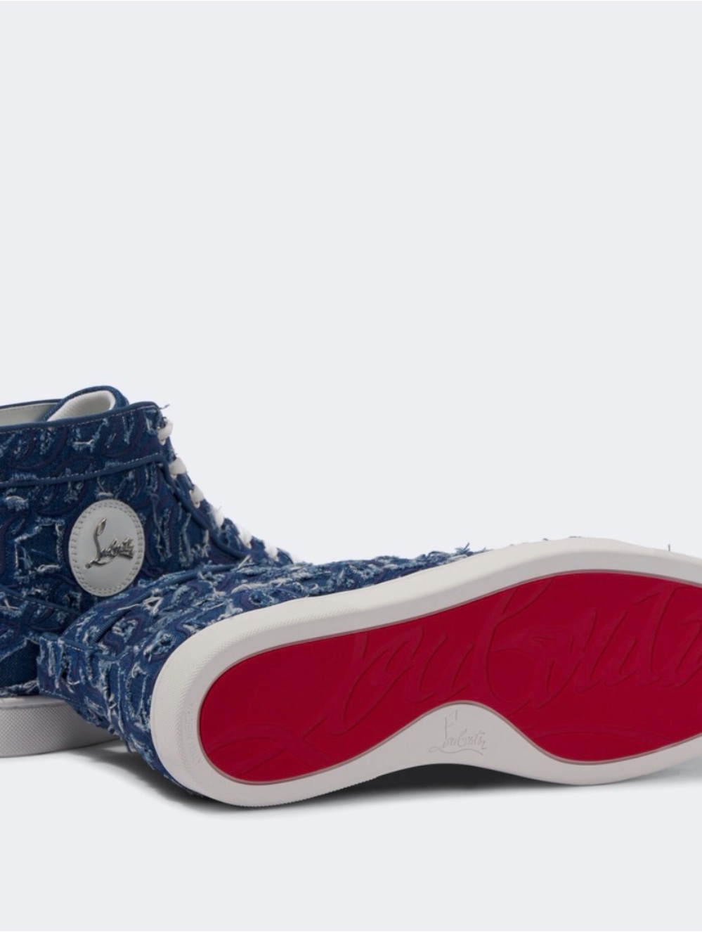 Christian Louboutin Men’s Blue Denim High-Top Sneakers with Red Sole